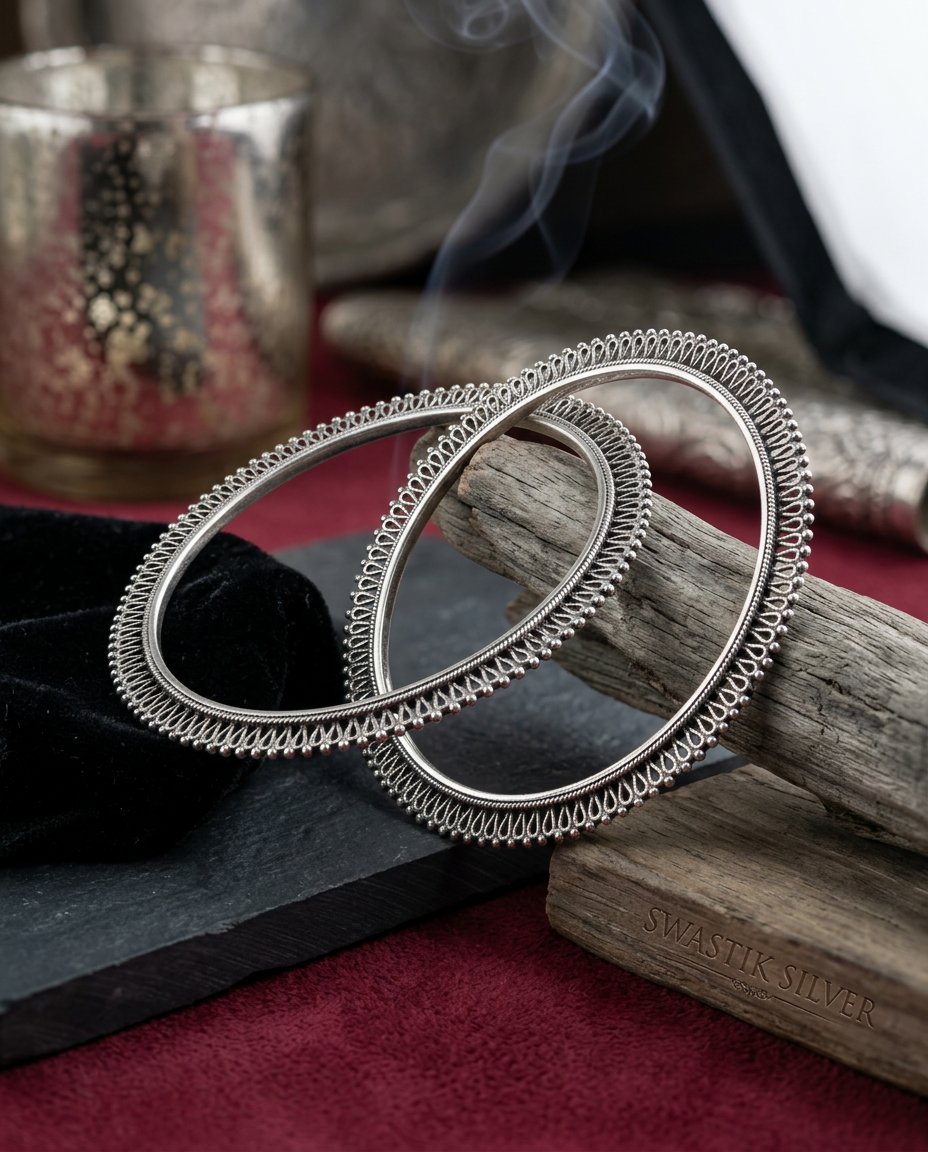 925 Sterling Silver Oxidized Filigree Sunflare Bangles view 3