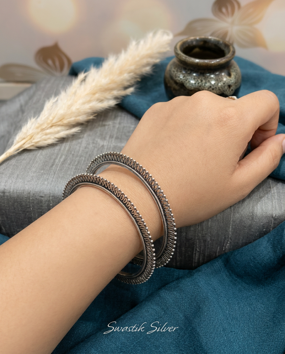 925 Sterling Silver Oxidized Filigree Sunflare Bangles view 2