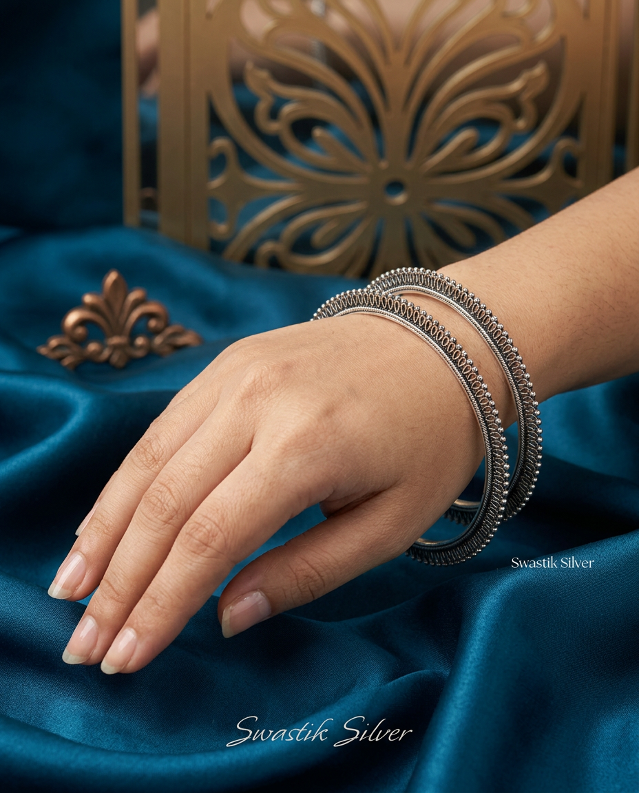 925 Sterling Silver Oxidized Filigree Sunflare Bangles view 5