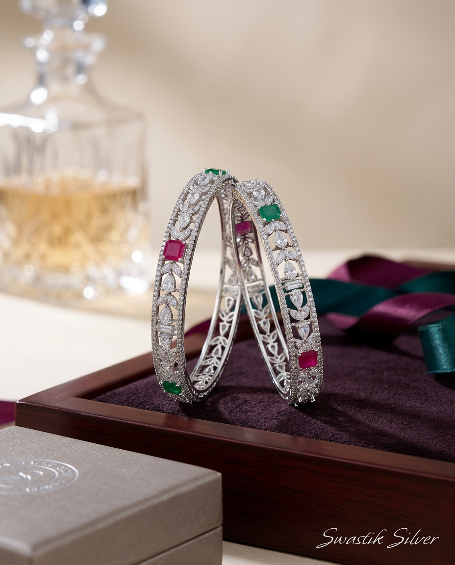 925 Silver Multi-Stone Marquise Leaf & Cushion Cut Bangles view 2