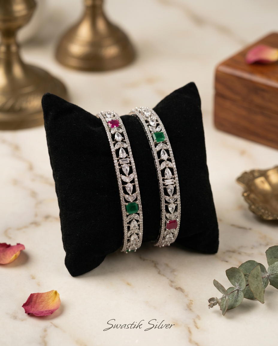 925 Silver Multi-Stone Marquise Leaf & Cushion Cut Bangles