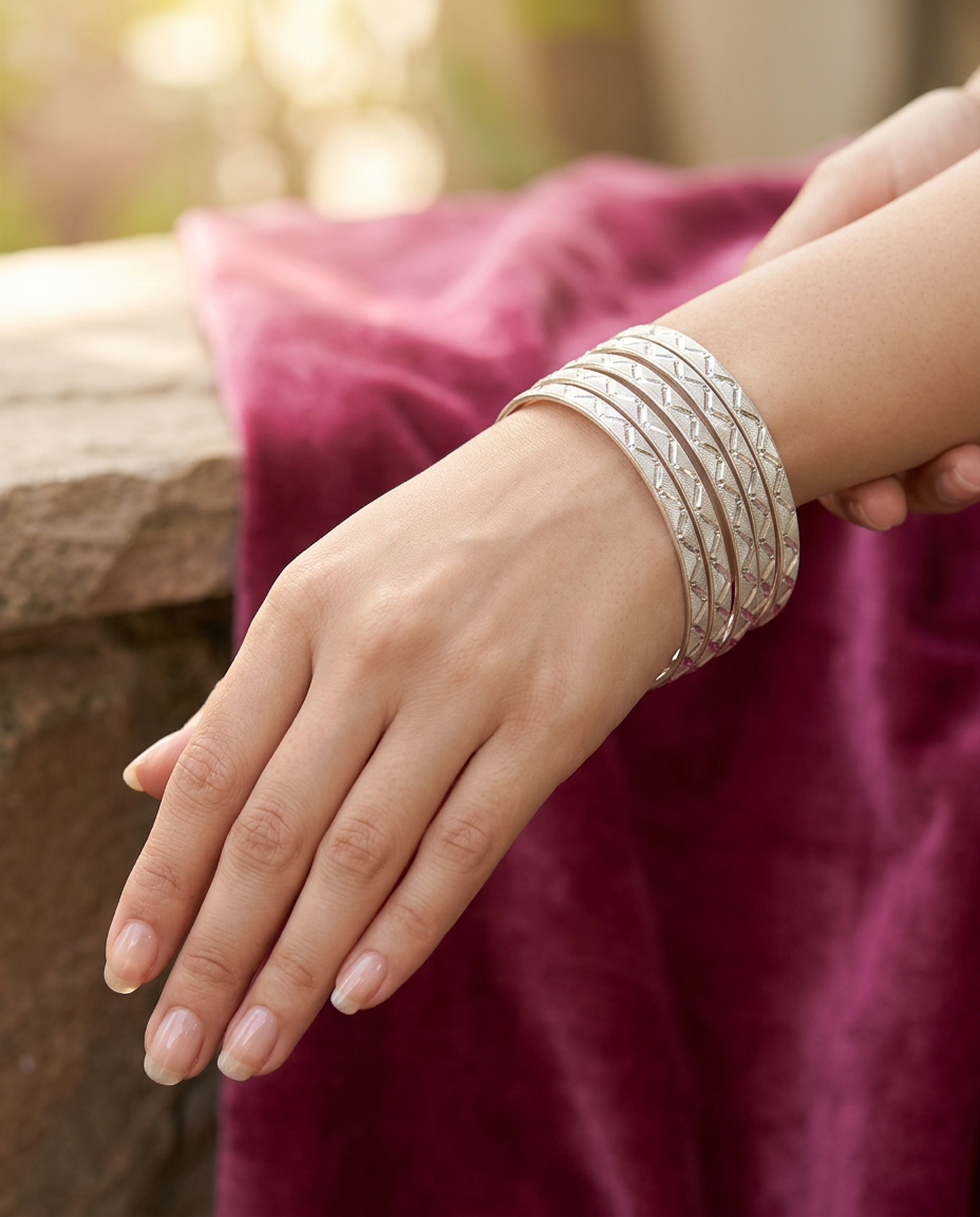 925 Sterling Silver Textured Chevron & Matte Wave Bangles view 5