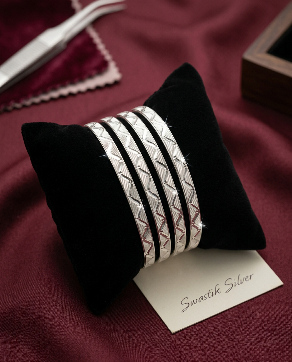925 Sterling Silver Textured Chevron & Matte Wave Bangles view 2