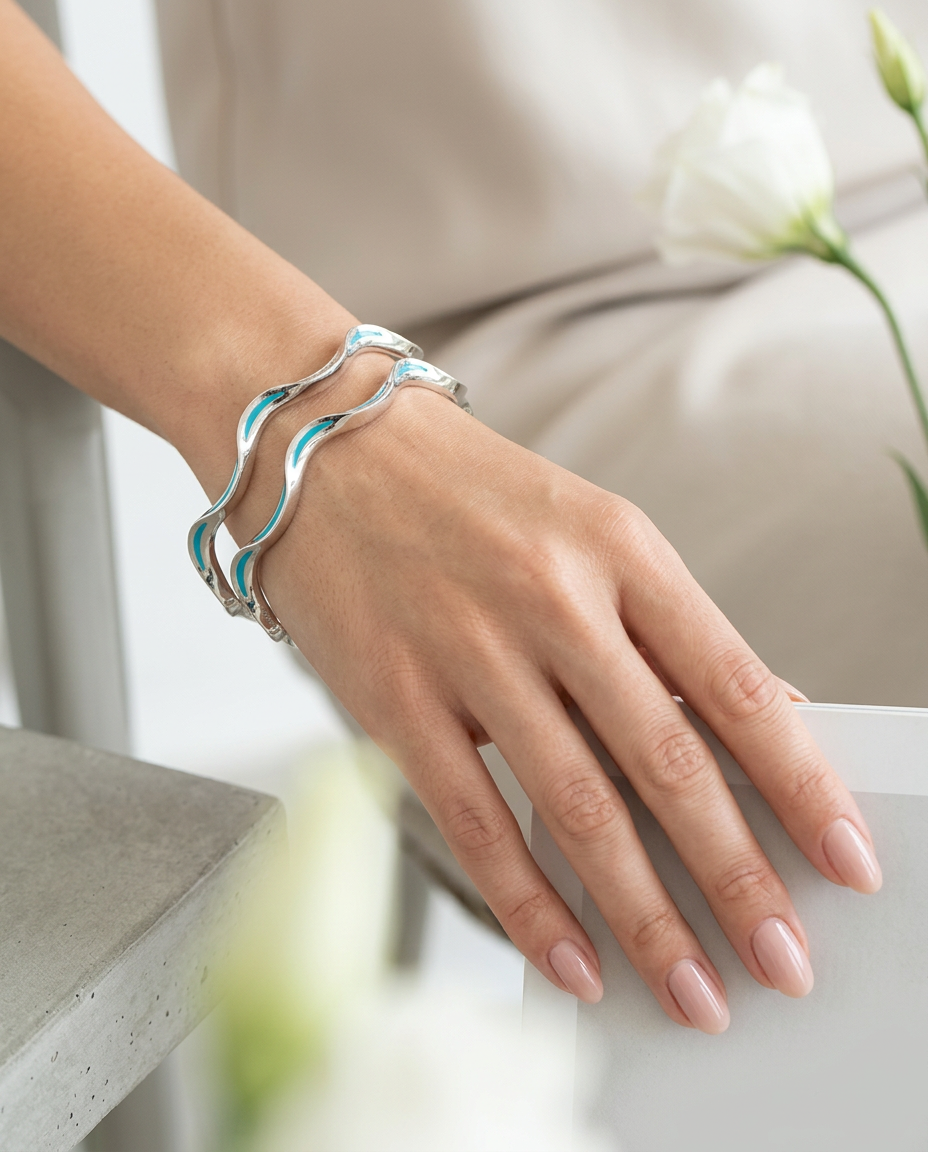 The Ocean Wave Turquoise Meenakari Silver Bangles view 2