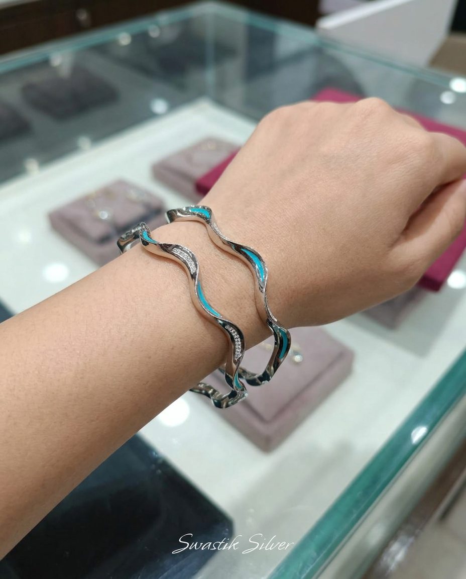 The Ocean Wave Turquoise Meenakari Silver Bangles view 5