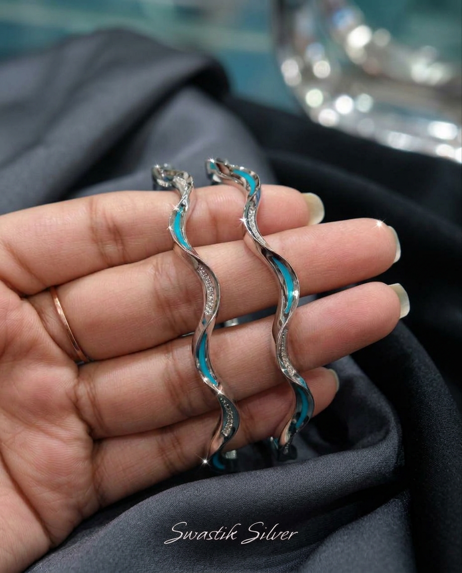 The Ocean Wave Turquoise Meenakari Silver Bangles view 4