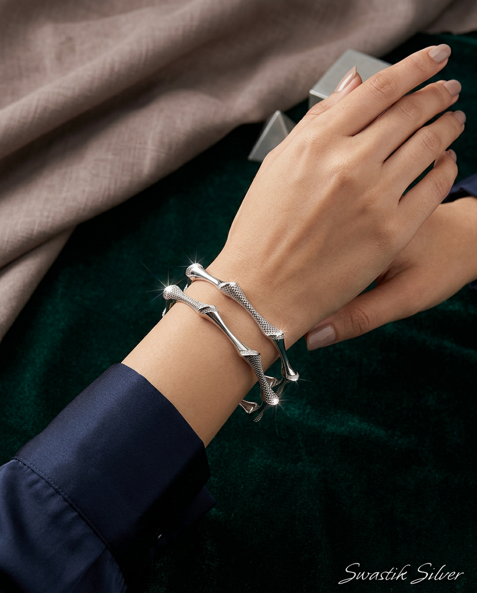 Sculpted Bamboo Mesh & CZ Silver Bangles view 2