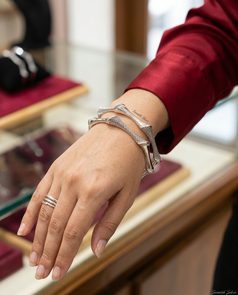 Sculpted Bamboo Mesh & CZ Silver Bangles view 3