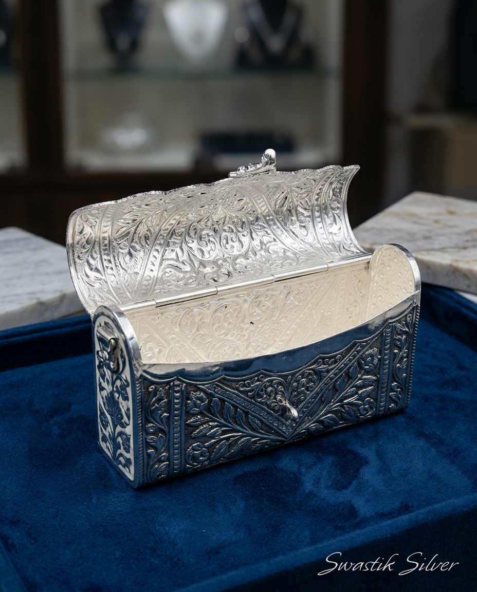Antique Pure Silver Nakshi Carved Floral Minaudière Clutch view 4
