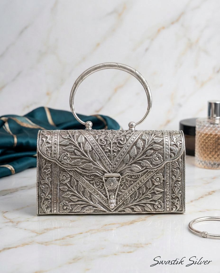 Antique Pure Silver Nakshi Carved Floral Minaudière Clutch view 3