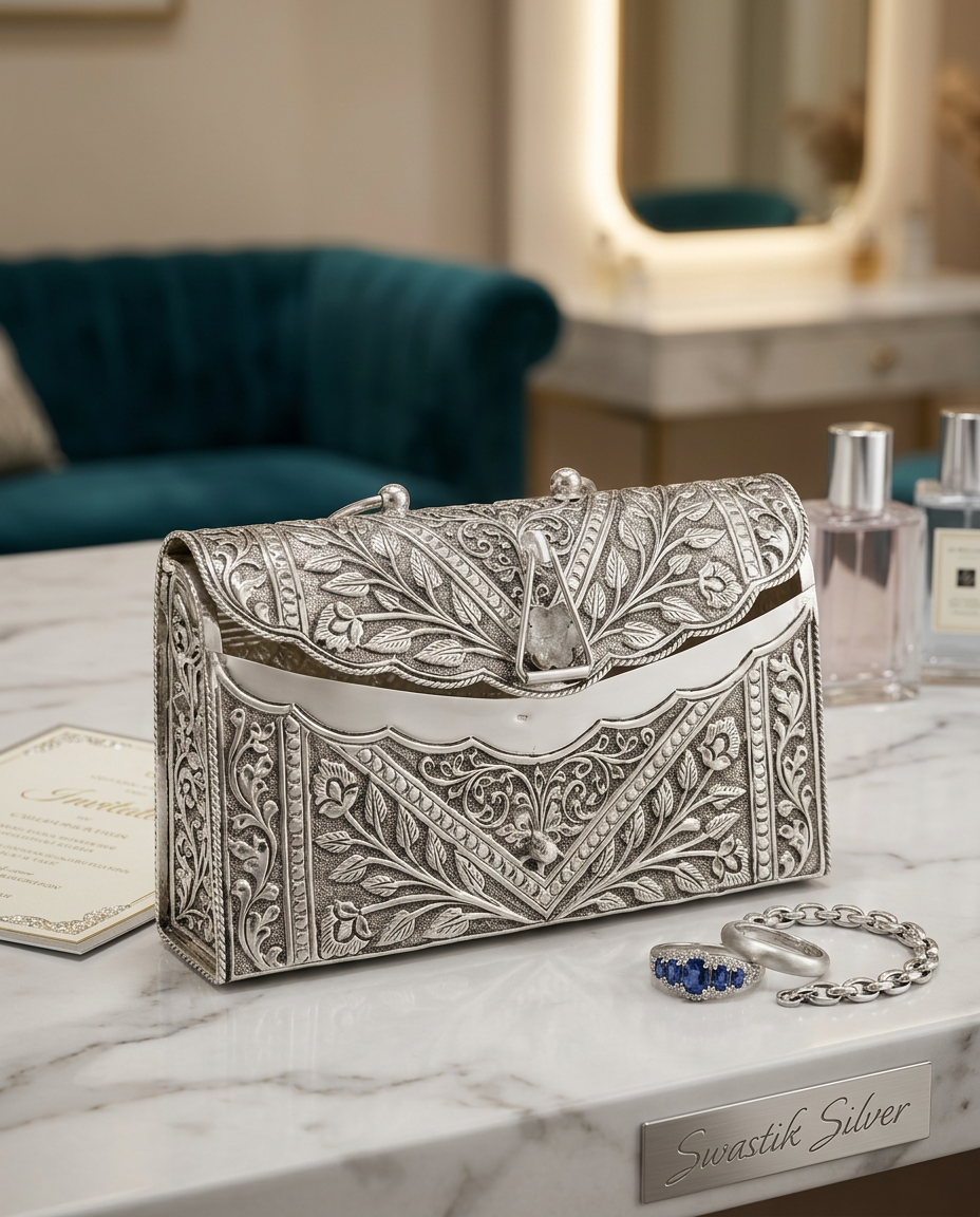 Antique Pure Silver Nakshi Carved Floral Minaudière Clutch view 6