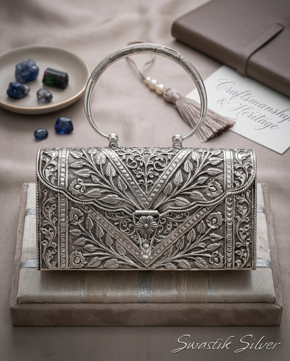 Antique Pure Silver Nakshi Carved Floral Minaudière Clutch