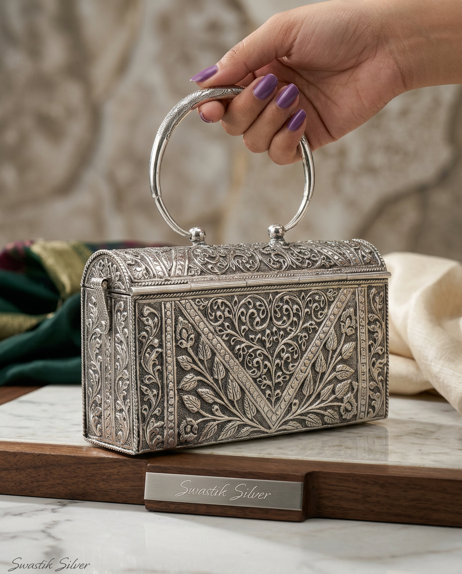 Antique Pure Silver Nakshi Carved Floral Minaudière Clutch view 5