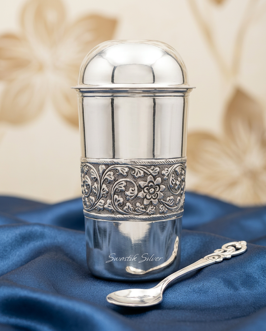 Handcrafted Pure Silver Nakshi Carved Drinking Tumbler with Cover view 5