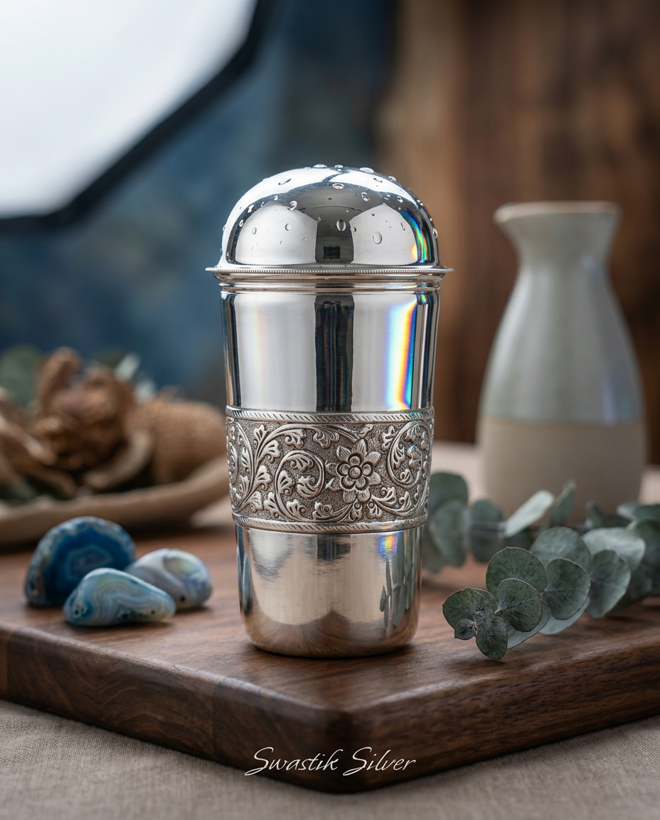 Handcrafted Pure Silver Nakshi Carved Drinking Tumbler with Cover