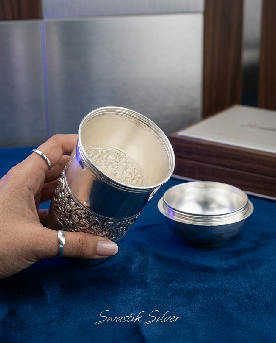 Handcrafted Pure Silver Nakshi Carved Drinking Tumbler with Cover view 2