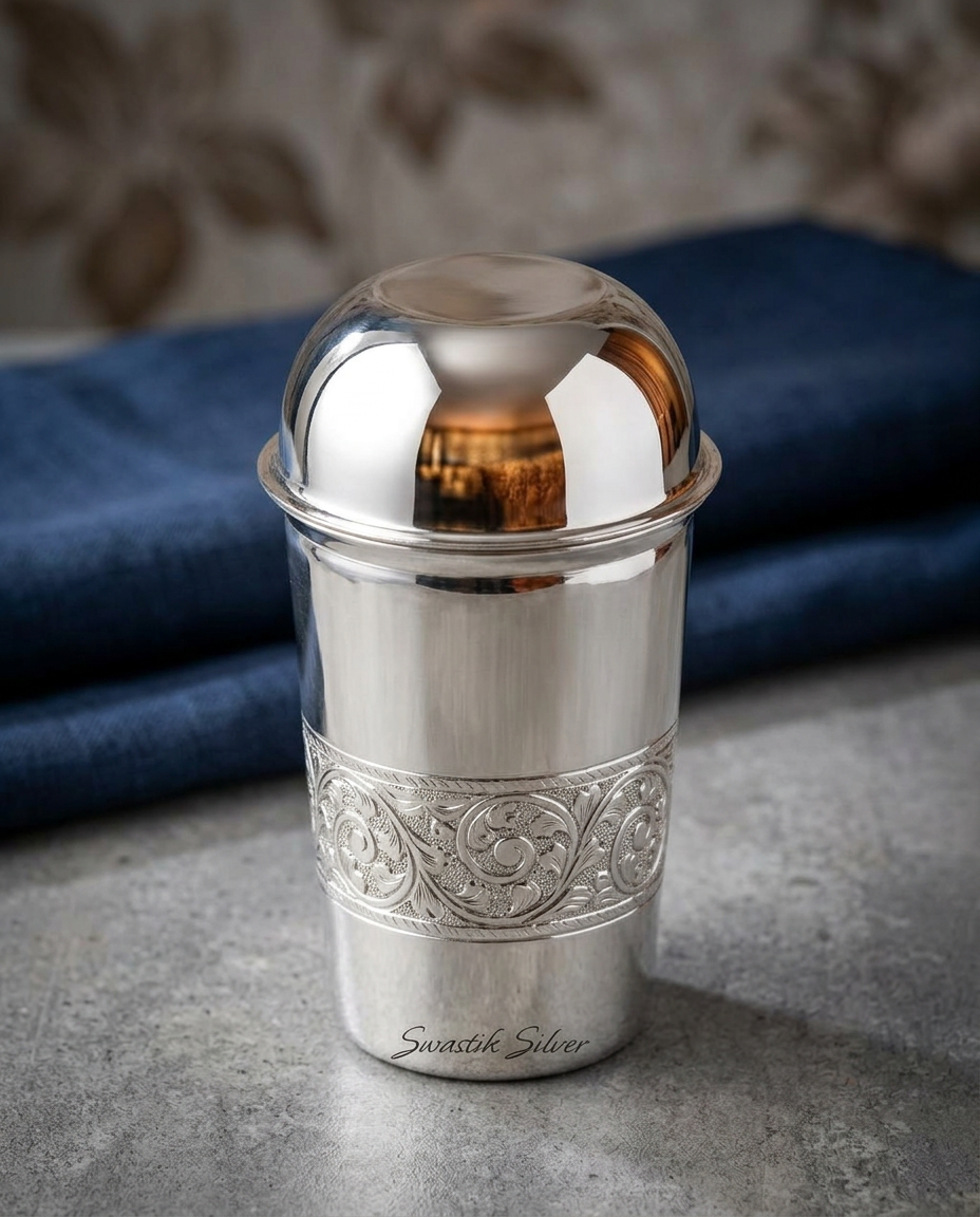 Handcrafted Pure Silver Nakshi Carved Drinking Tumbler with Cover view 4