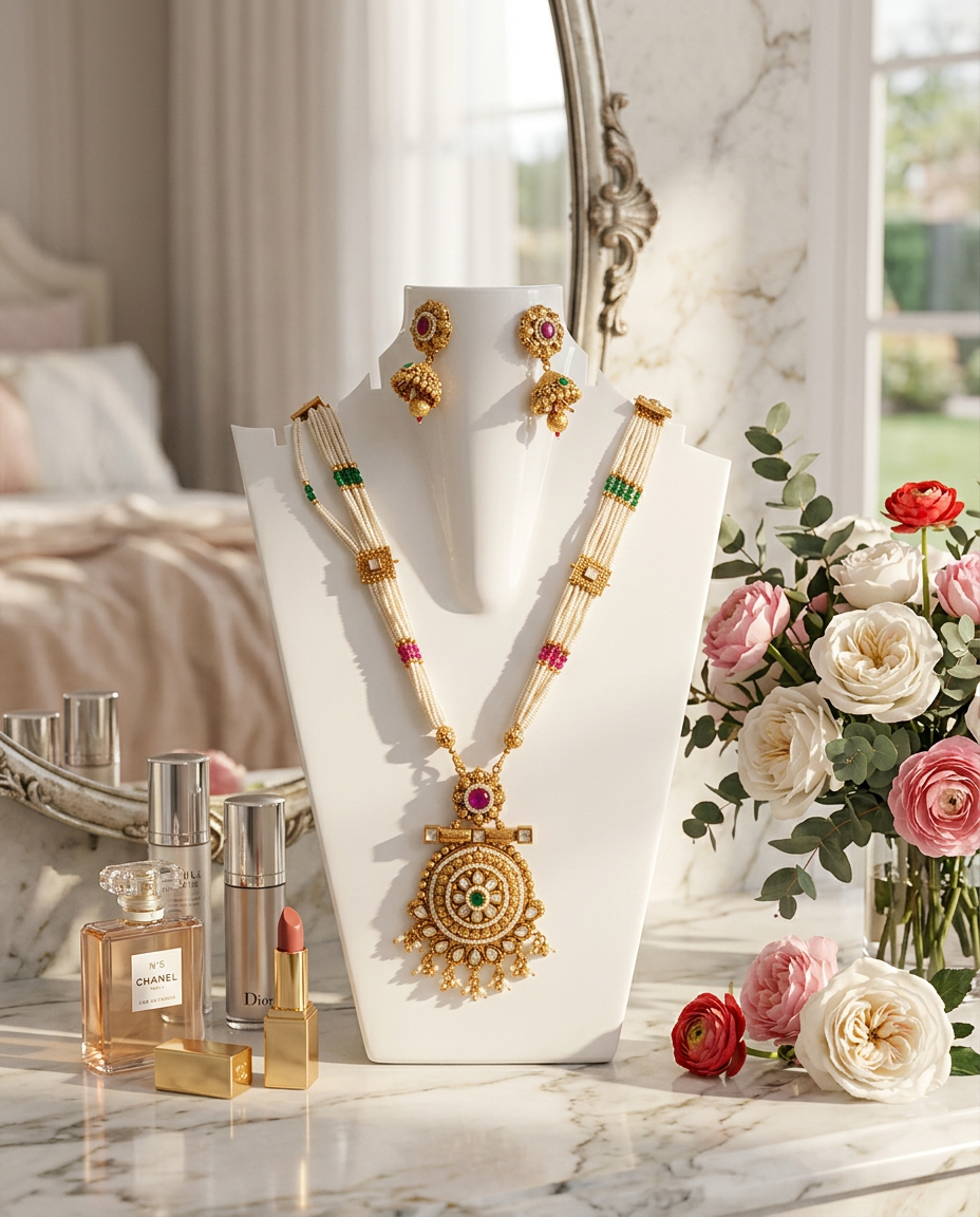 Gold Pearl Necklace Set view 6