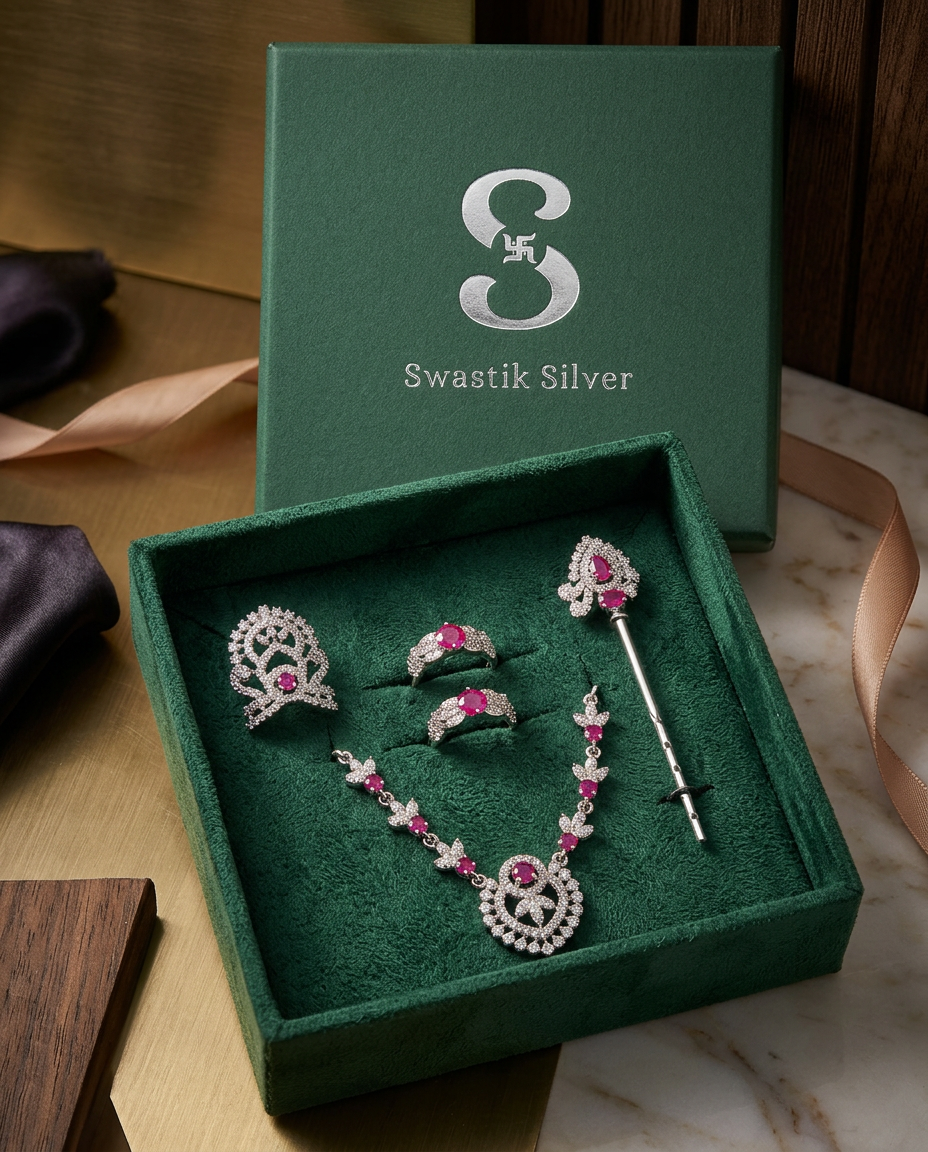 The Divine Mukut & Bansuri Ruby CZ Silver Shringar Set view 4