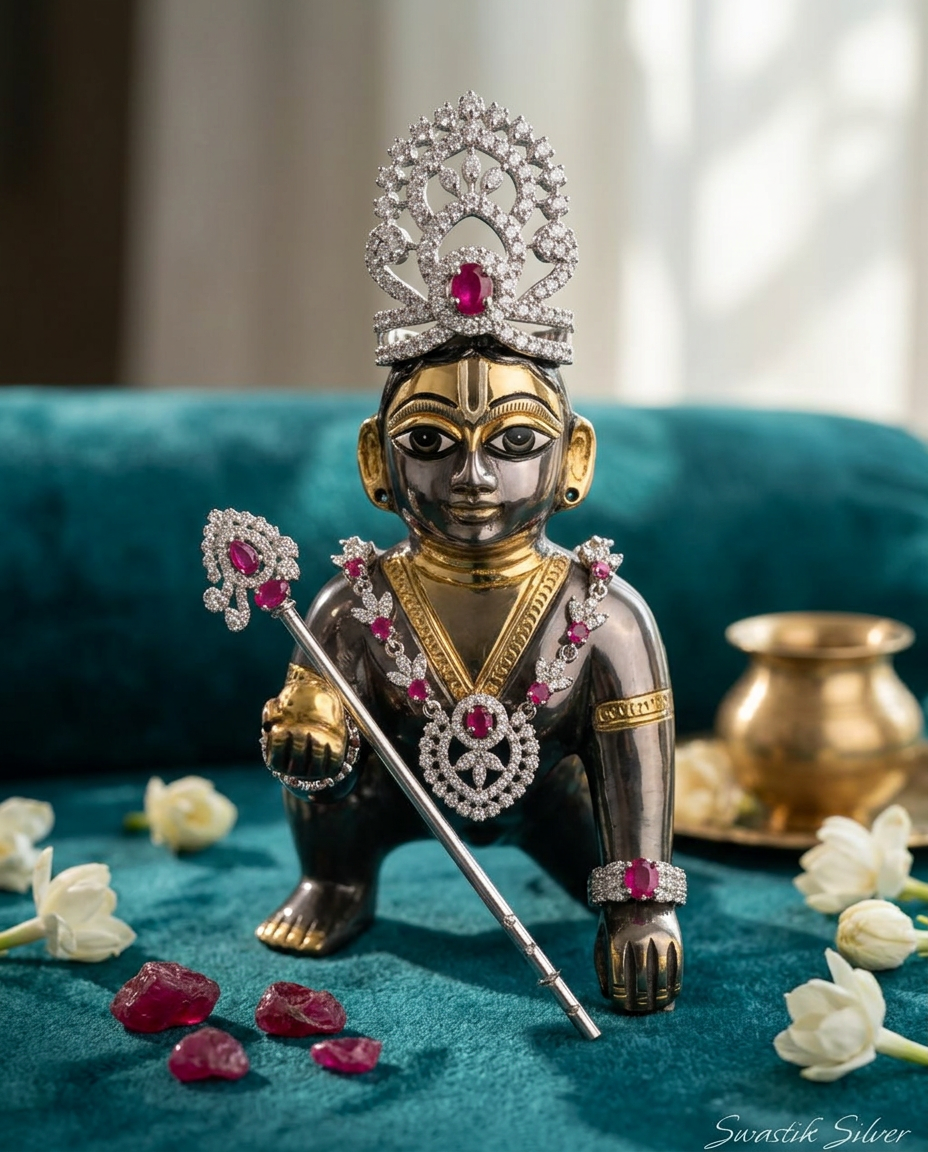 The Divine Mukut & Bansuri Ruby CZ Silver Shringar Set view 2