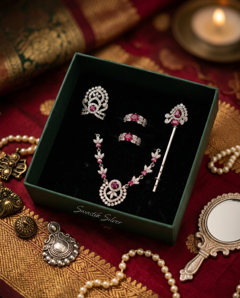 The Divine Mukut & Bansuri Ruby CZ Silver Shringar Set view 3