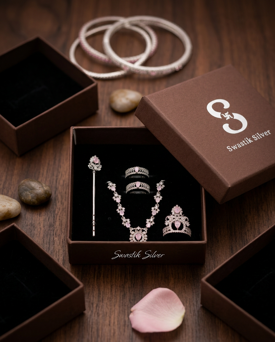 The Serene Pink Rose Quartz CZ Silver Laddu Gopal Shringar Set