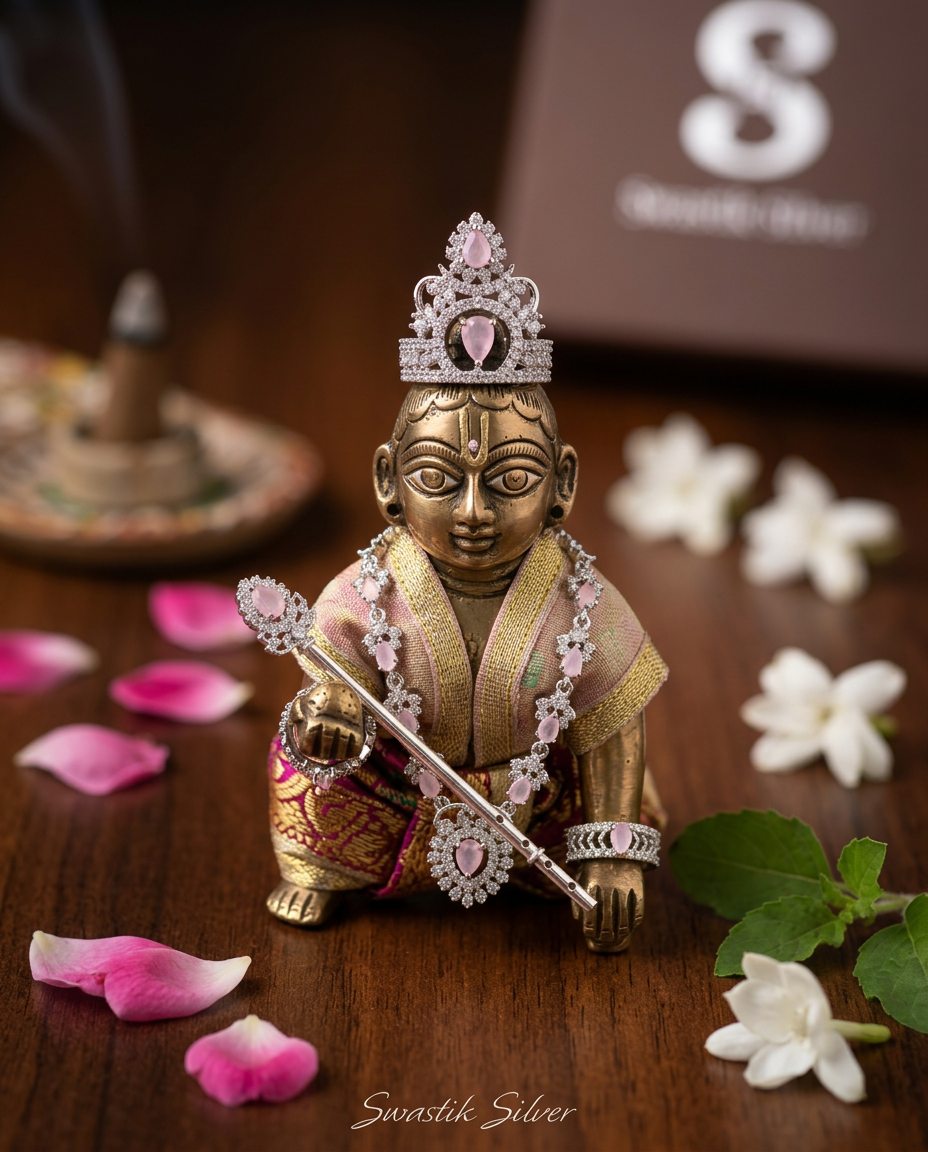 The Serene Pink Rose Quartz CZ Silver Laddu Gopal Shringar Set view 2