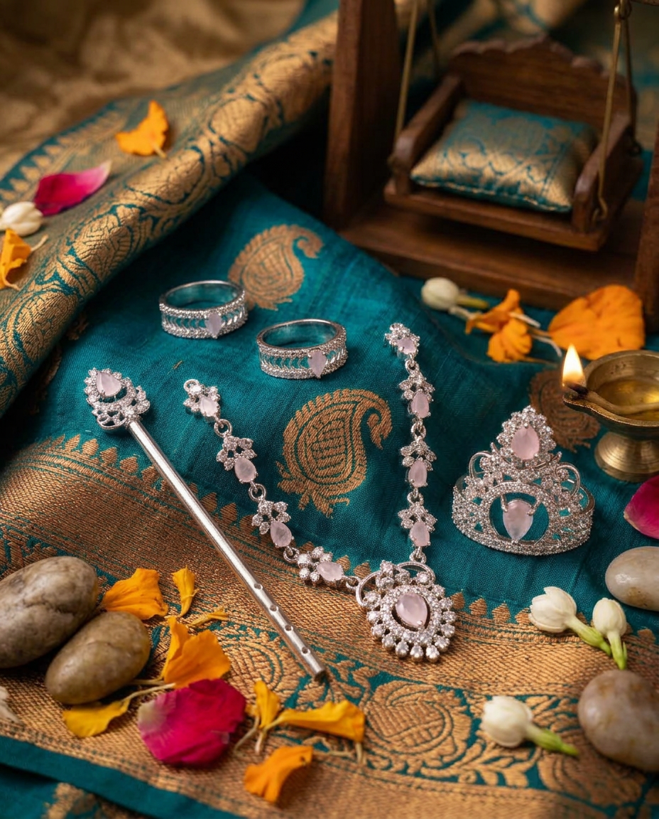 The Serene Pink Rose Quartz CZ Silver Laddu Gopal Shringar Set view 3