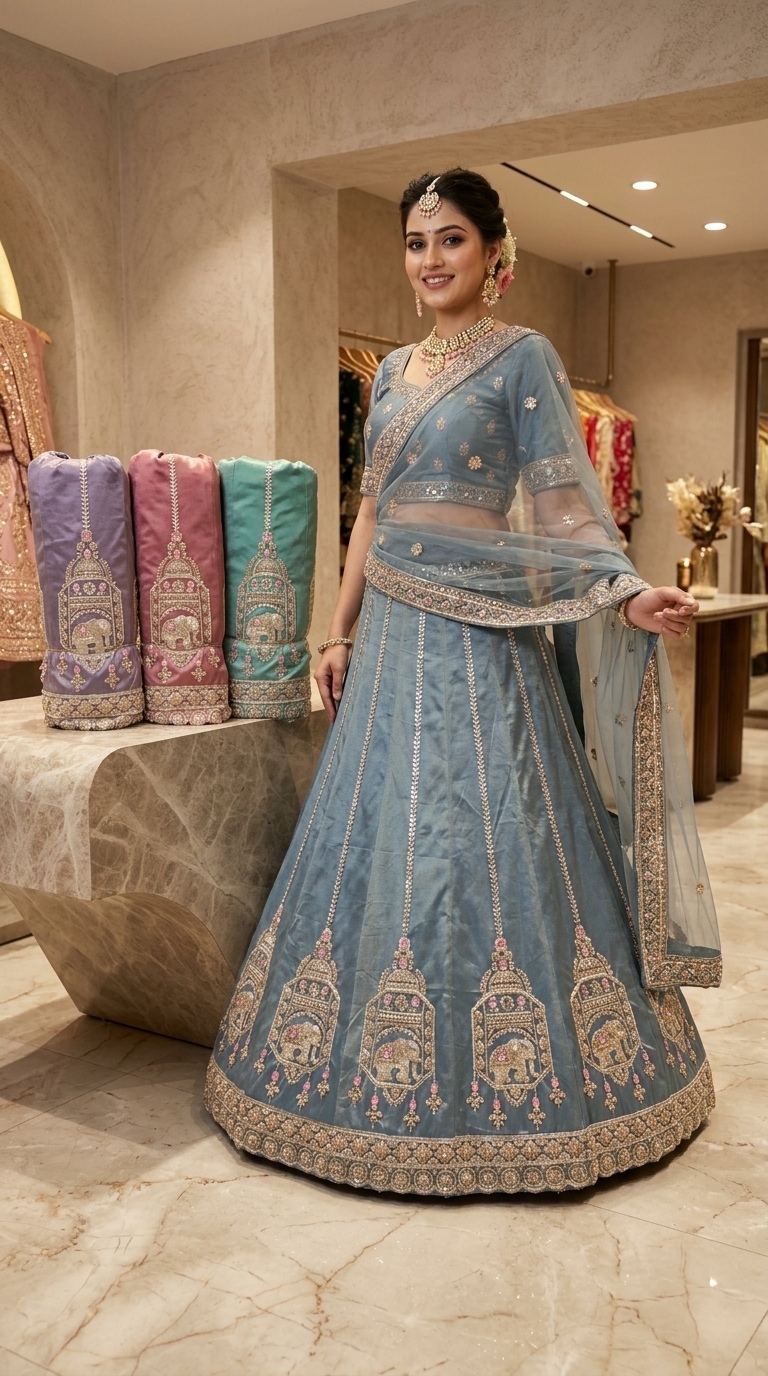Blue Panelled Border Party Wear Lehenga