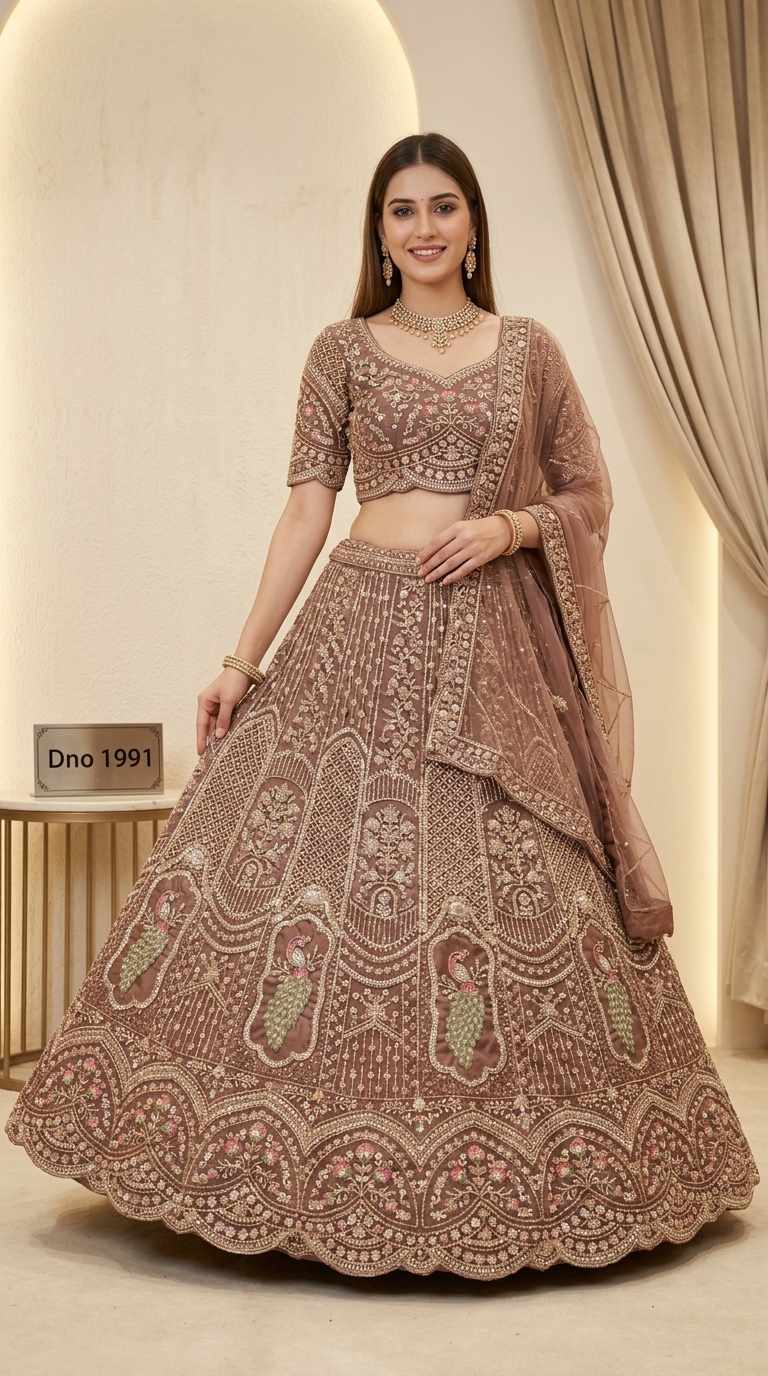Scalloped Brownish Peacock Motif Designer Lehenga