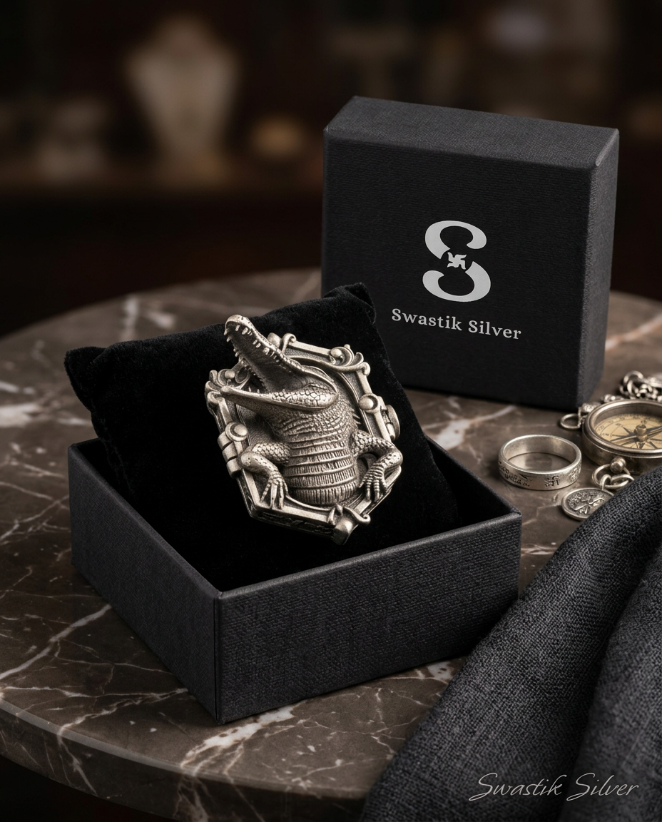 925 Silver Antique Oxidized Alligator Motif Miniature Box