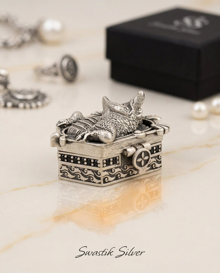 925 Silver Antique Oxidized Alligator Motif Miniature Box view 6