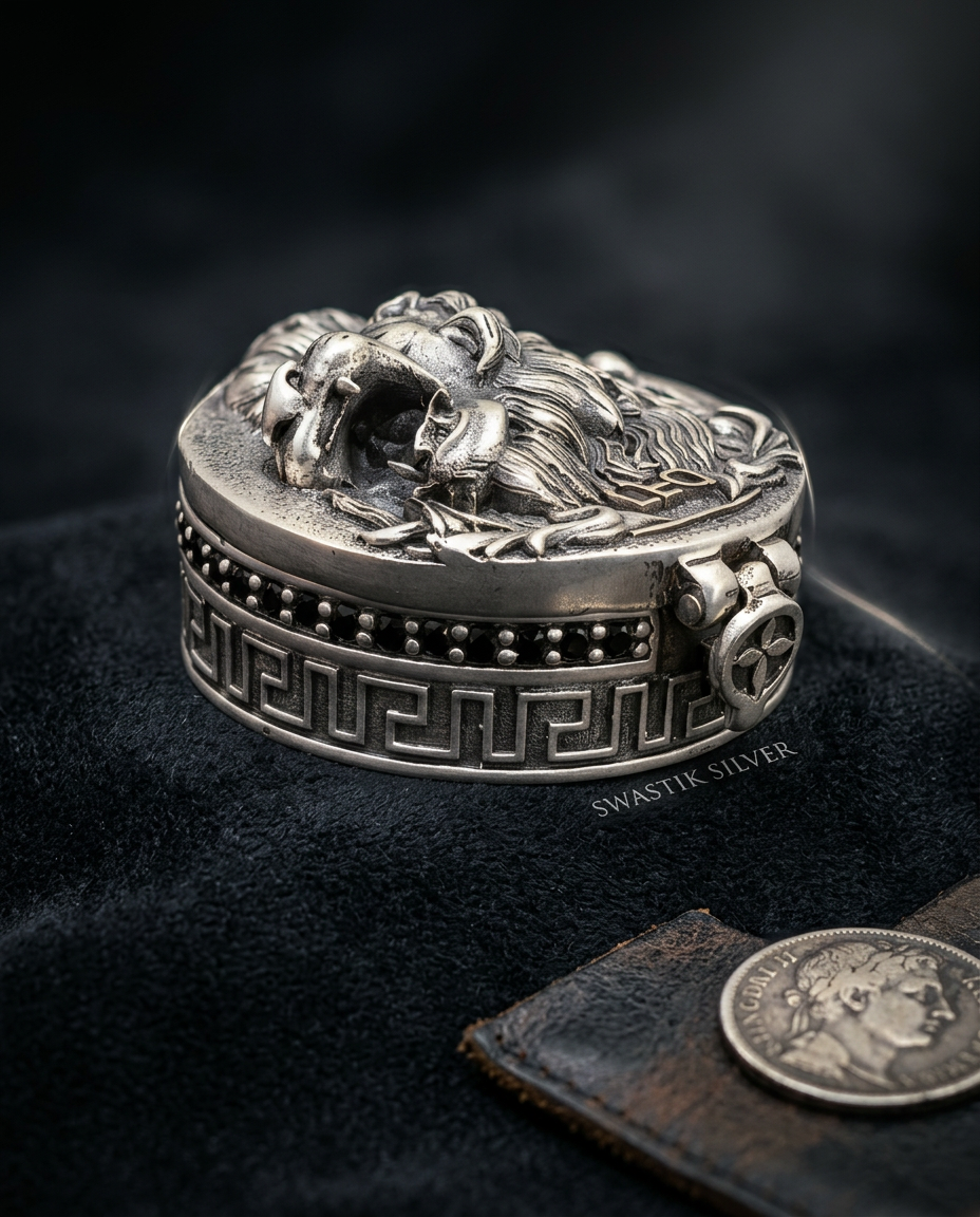 925 Silver Antique Oxidized Leo Lion Head Miniature Round Box view 5