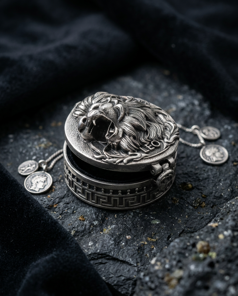 925 Silver Antique Oxidized Leo Lion Head Miniature Round Box view 2