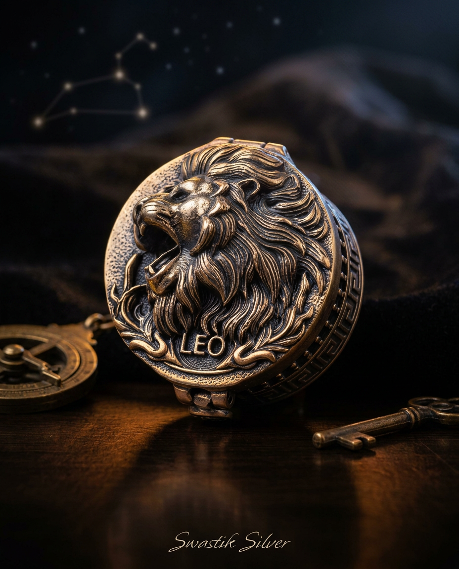 925 Silver Antique Oxidized Leo Lion Head Miniature Round Box view 3