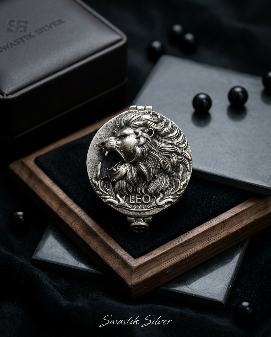 925 Silver Antique Oxidized Leo Lion Head Miniature Round Box