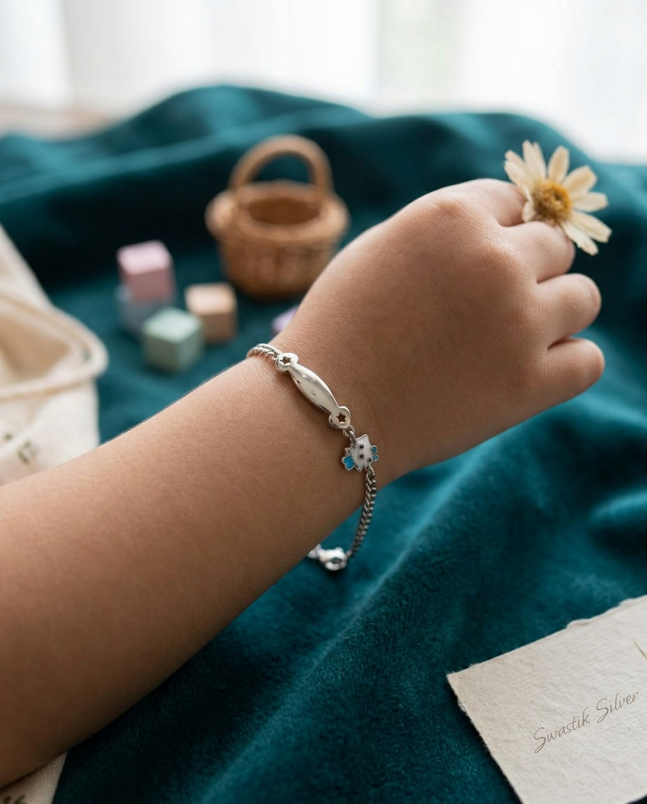 The Starry Meadow Kitty Engravable Silver Kids ID Bracelet view 3