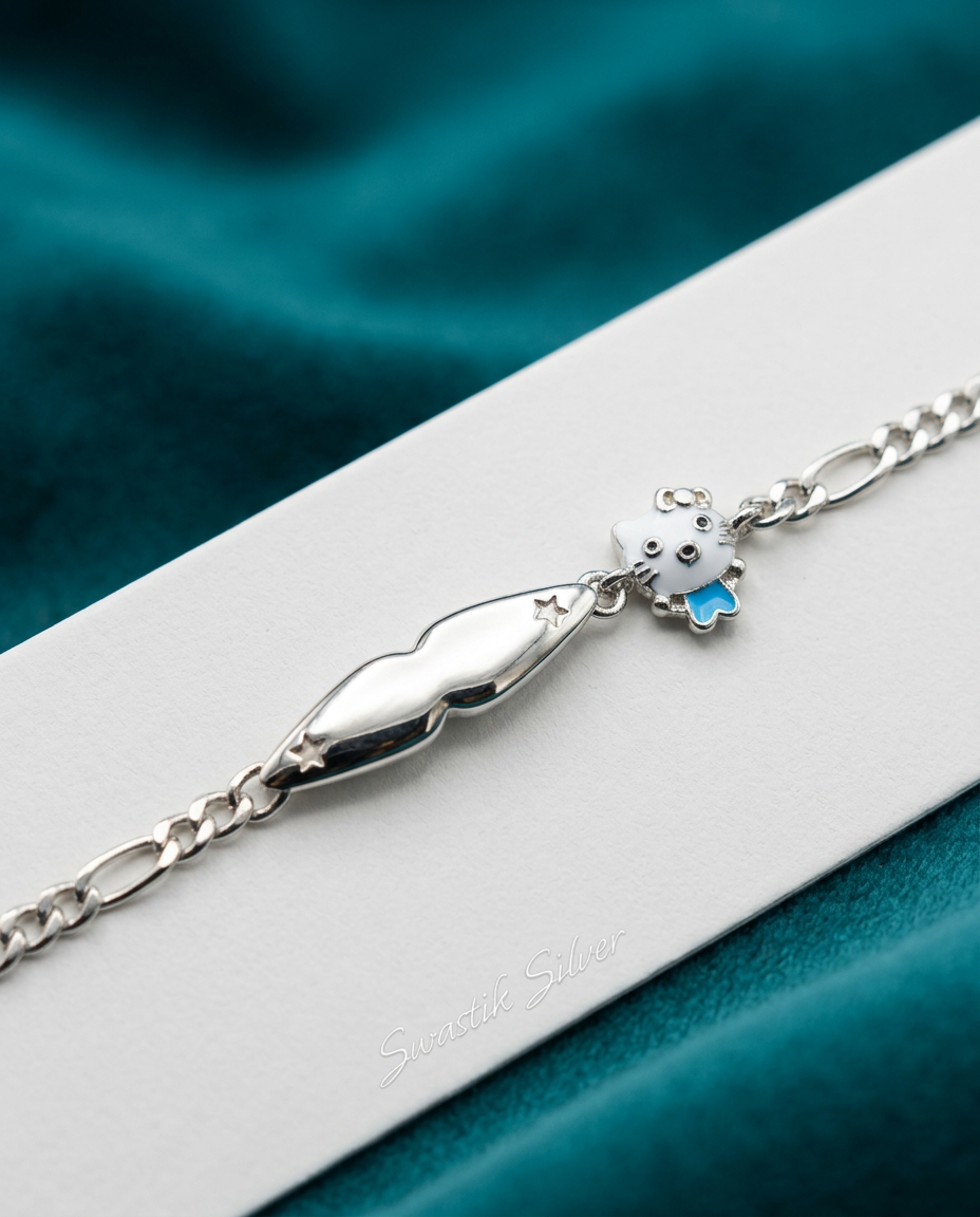 925 Sterling Silver Figaro Chain Moustache ID Bracelet with Charm view 3