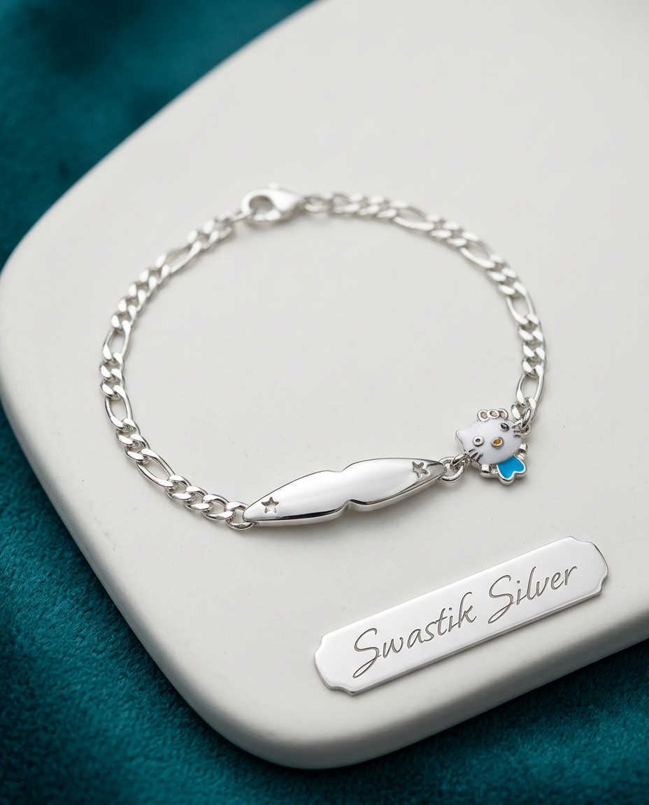 925 Sterling Silver Figaro Chain Moustache ID Bracelet with Charm