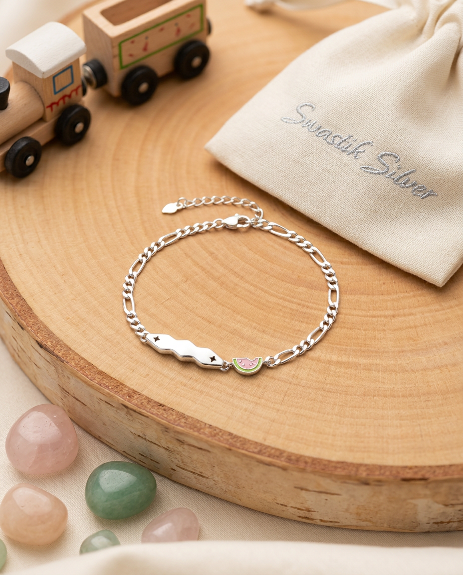 The Sweet Watermelon Wavy Silver Kids ID Bracelet view 4
