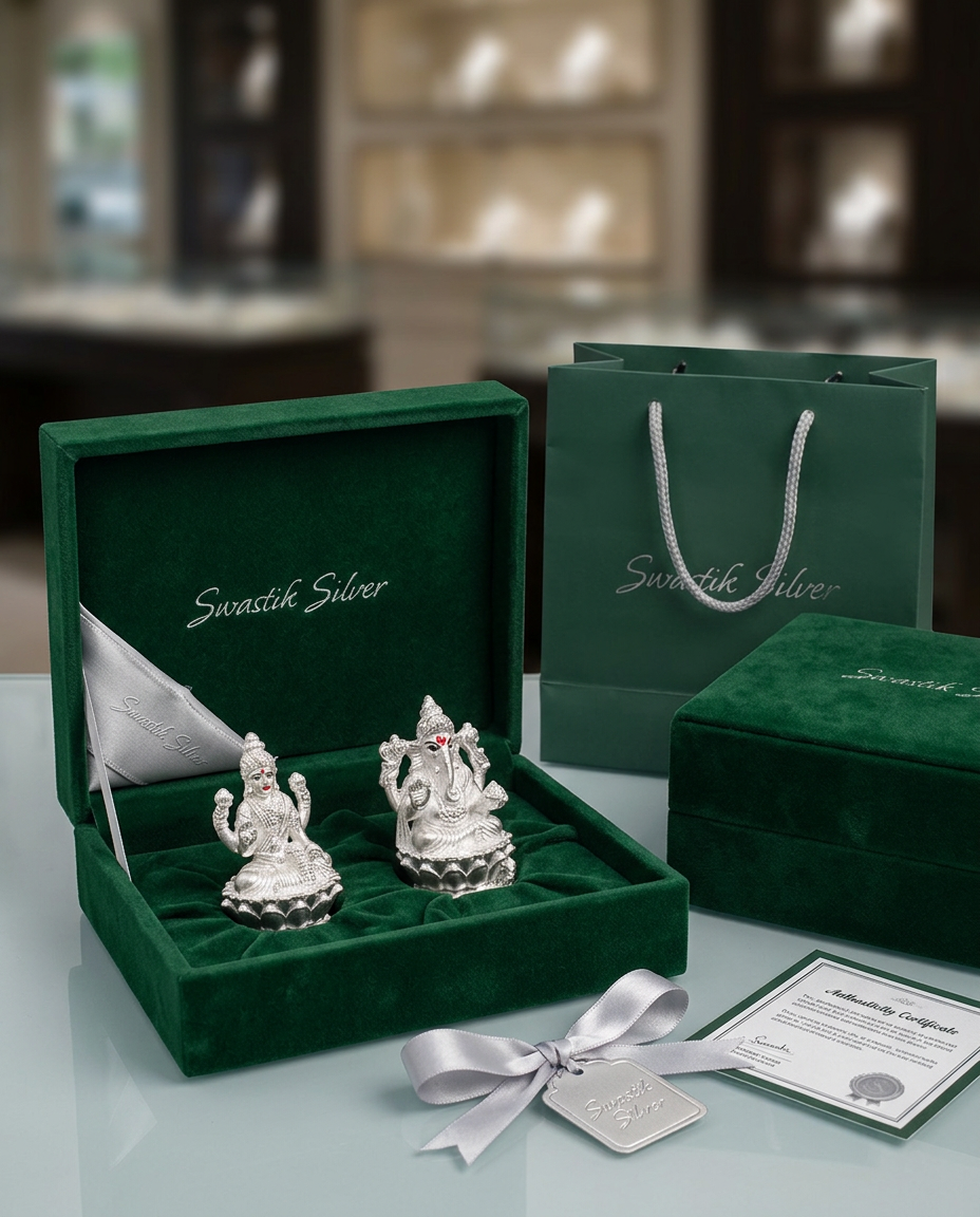 Silver Ganesh Laxmi Figurine view 2