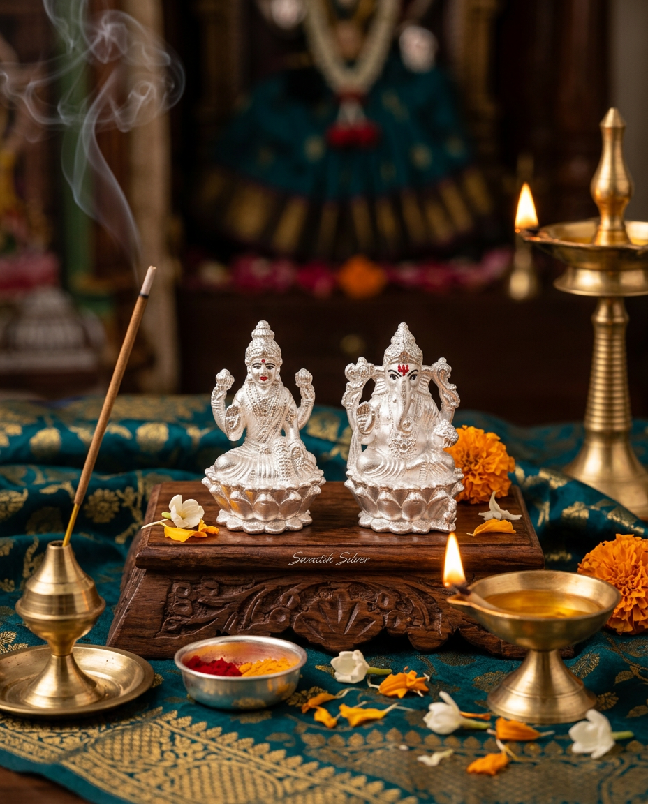 Silver Ganesh Laxmi Figurine view 3