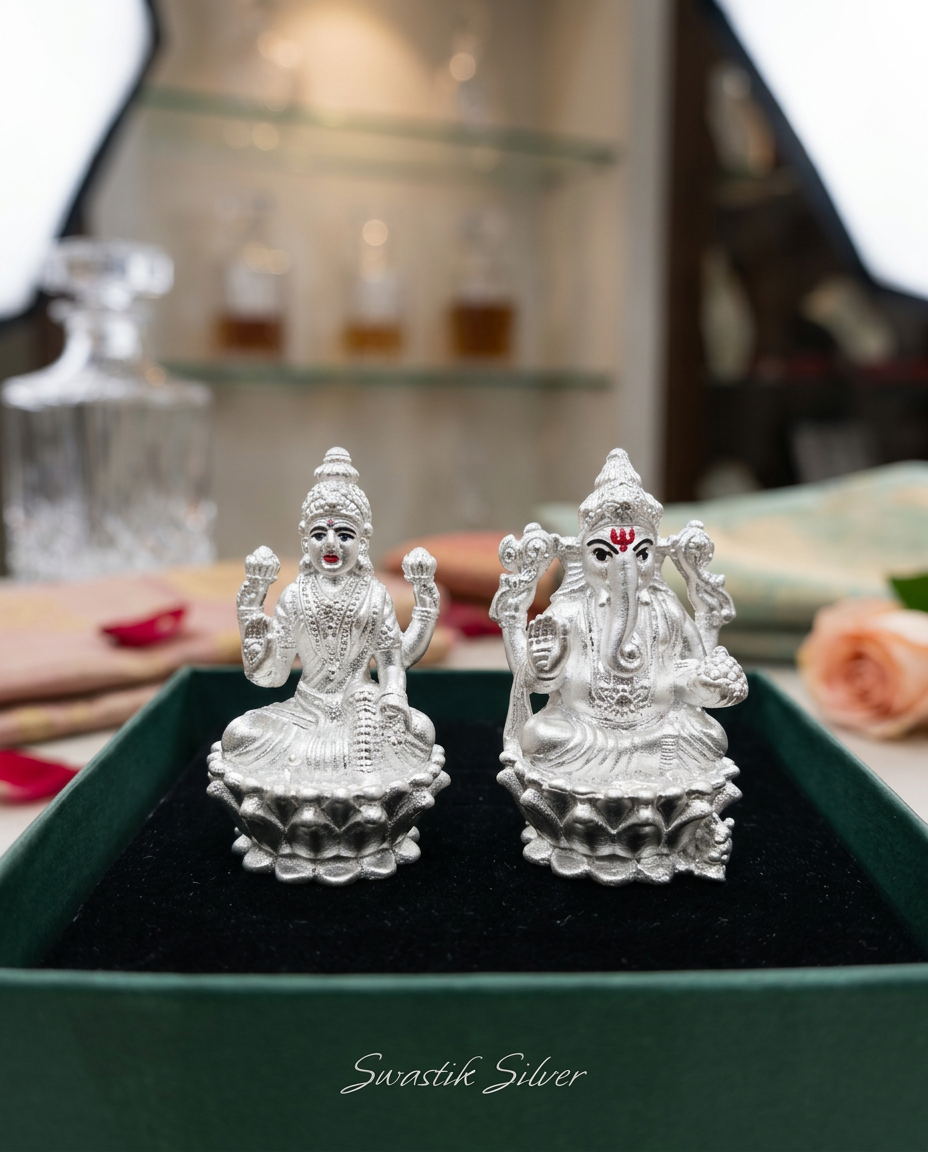 Silver Ganesh Laxmi Figurine view 4