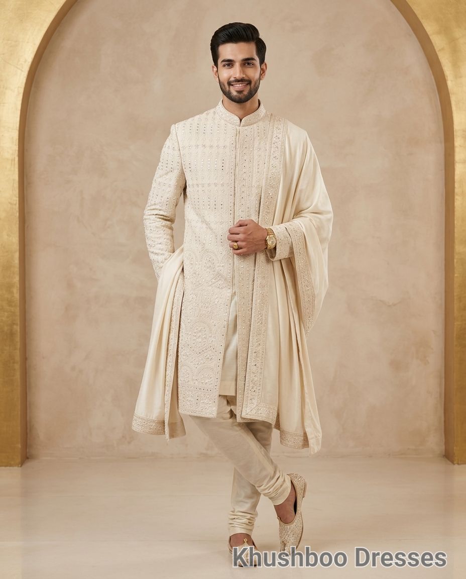Embroidered Cream Designer Sherwani