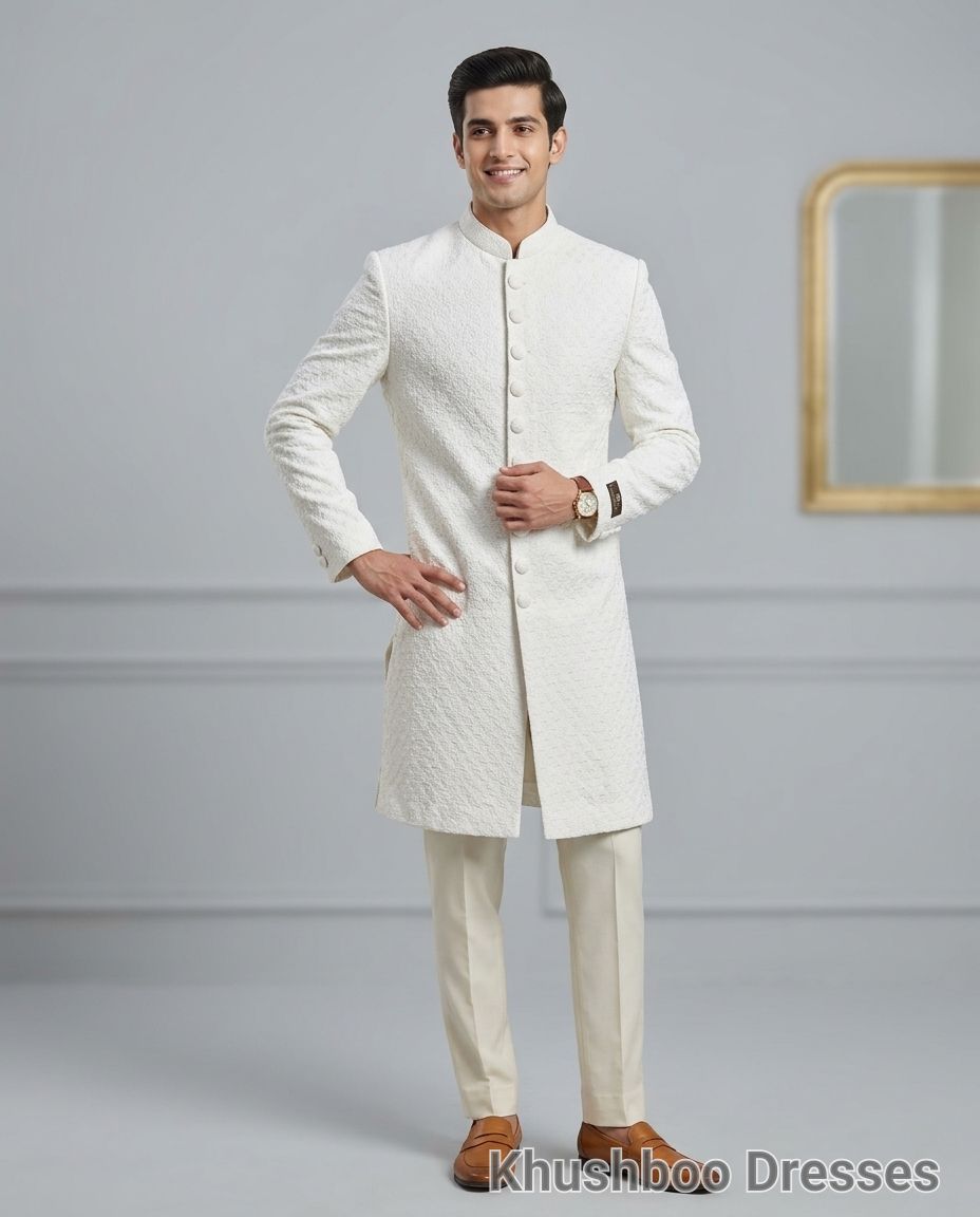 White Textured Sherwani