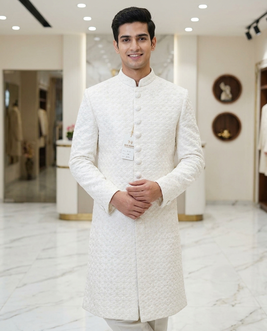 Embroidered White Sherwani