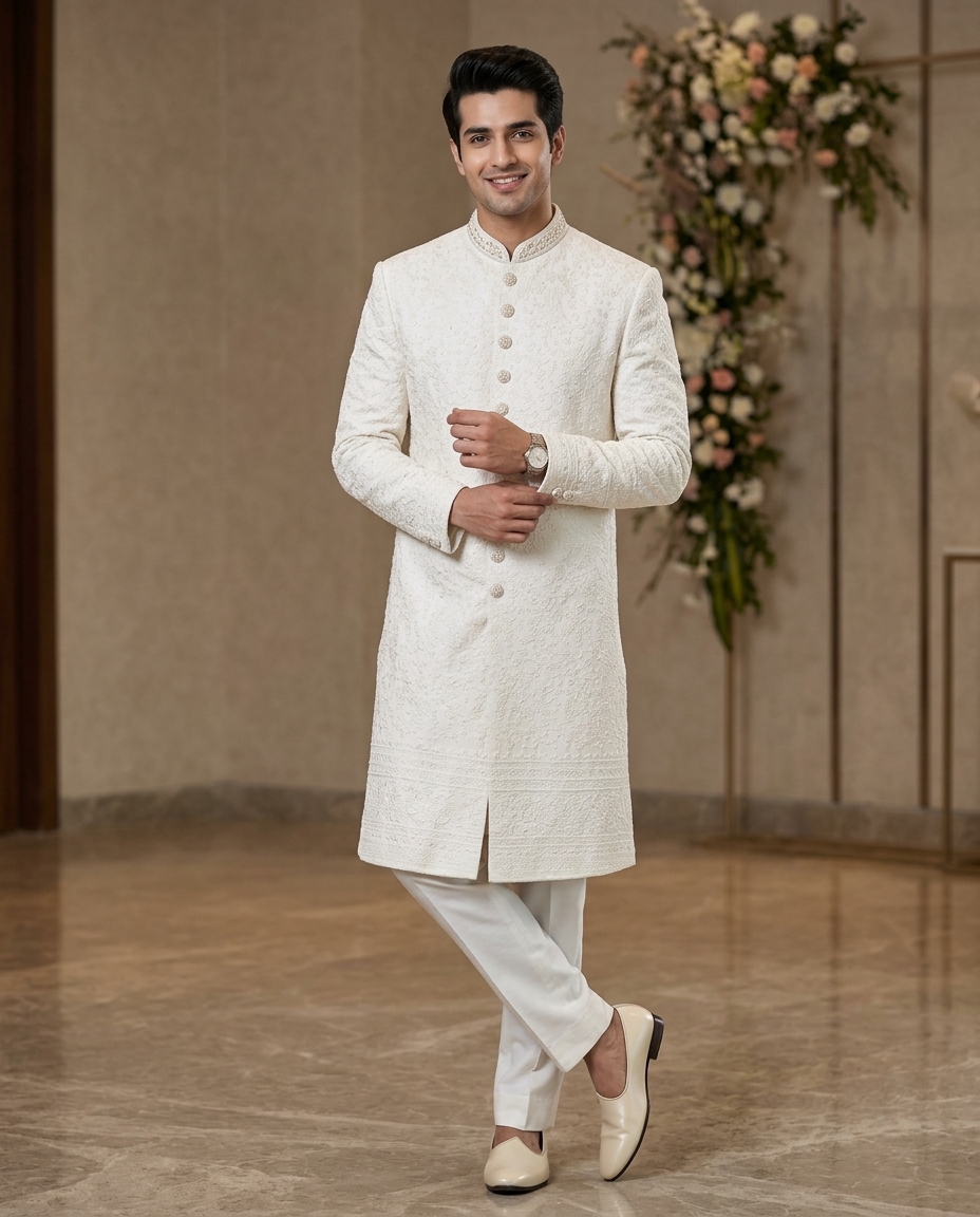 Embroidered White Sherwani