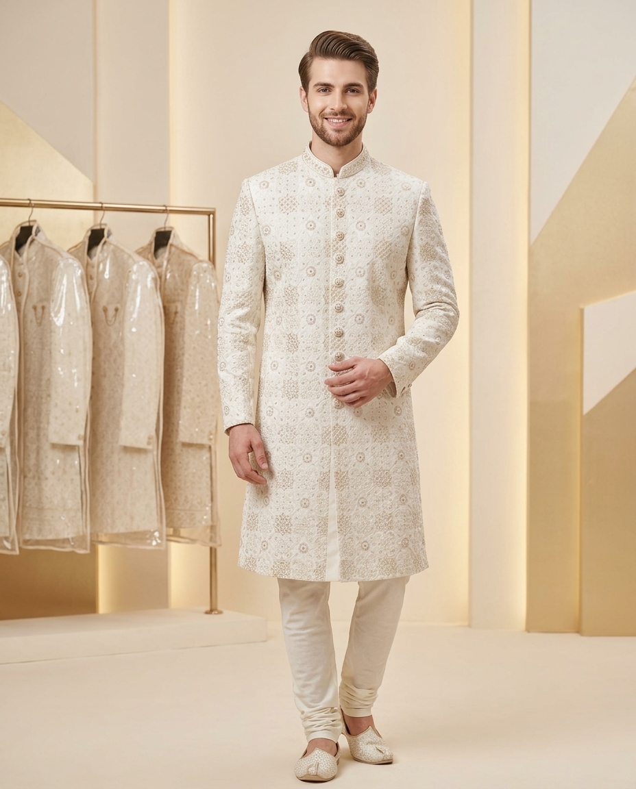 Embroidered White Sherwani