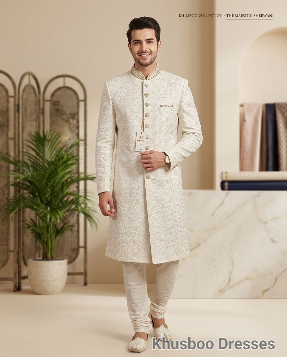 Embroidered White Sherwani