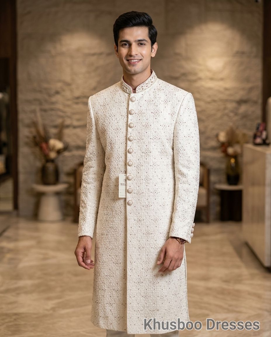 Embroidered White Sherwani